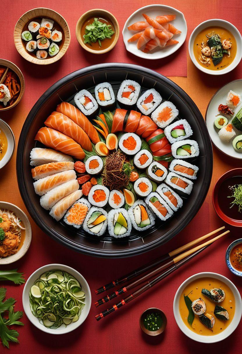 An enticing spread of Asian dishes showcasing vibrant colors and intricate details, featuring a variety of ingredients like sushi, dim sum, spicy curry, and colorful vegetables. Surround the dishes with traditional Asian utensils and decor, including bamboo steamers and chopsticks, against a warm, inviting backdrop. The scene should evoke a sense of culinary adventure and flavor exploration. super-realistic. vibrant colors. warm tones.